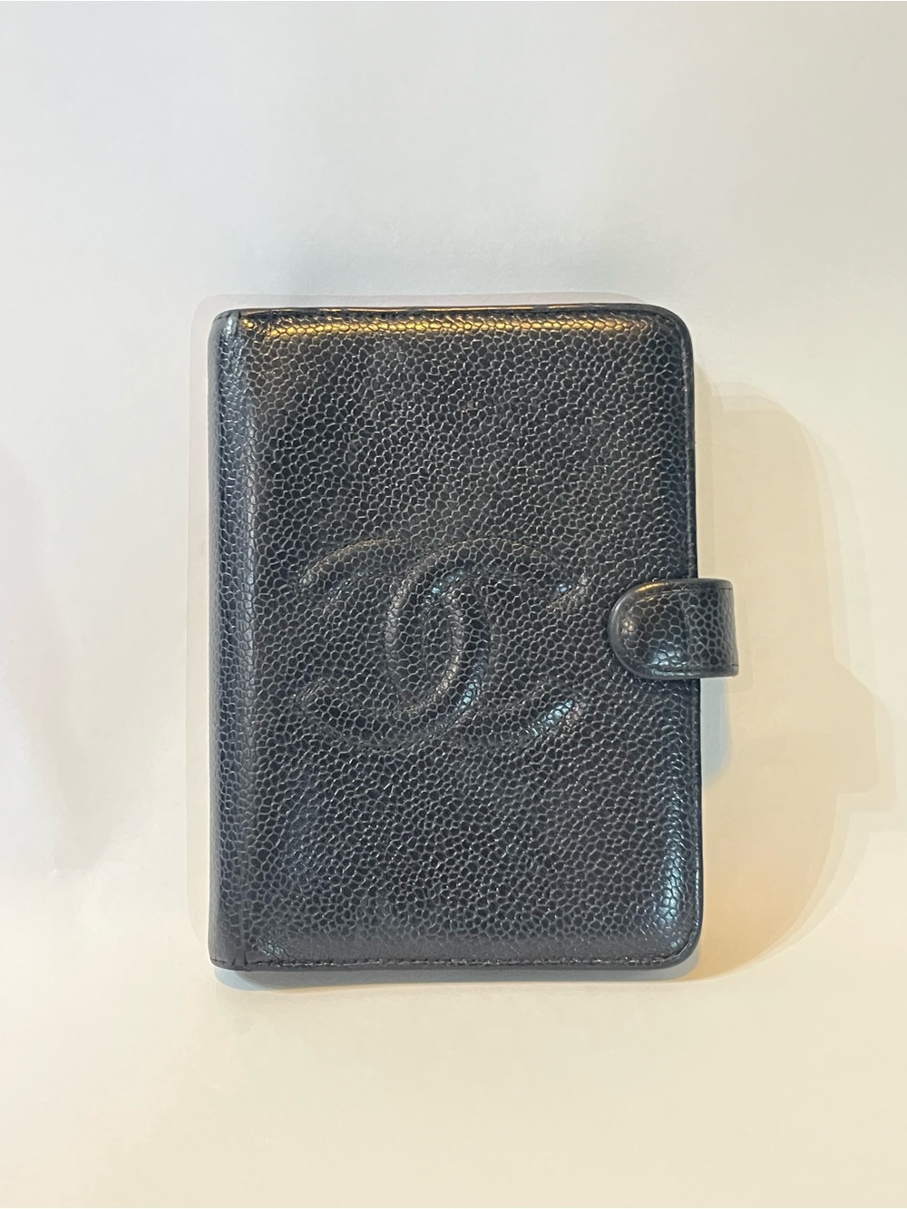 Authentic Vintage CHANEL Black Caviar Leather CC Logo Small Ring Agenda Planner